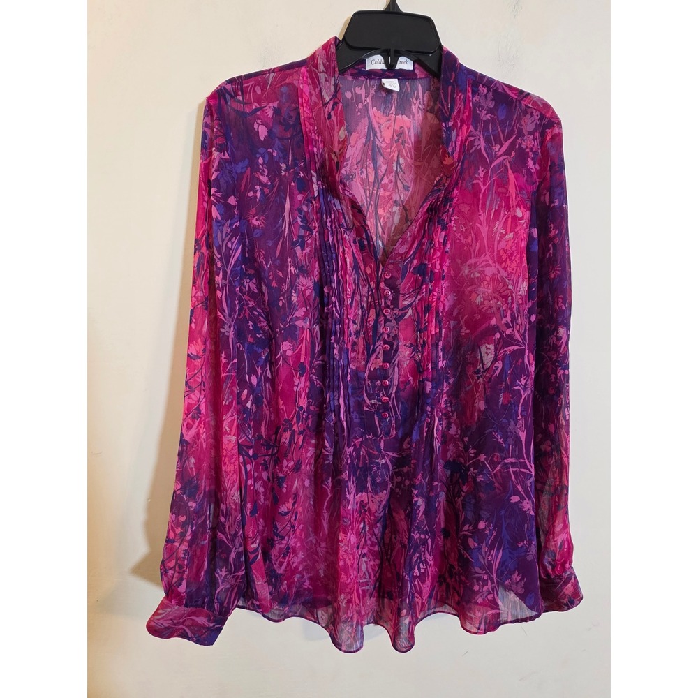 Coldwater Creek Pink Purple Floral Sheer Pintuck Blouse 2X 20-22 4017062